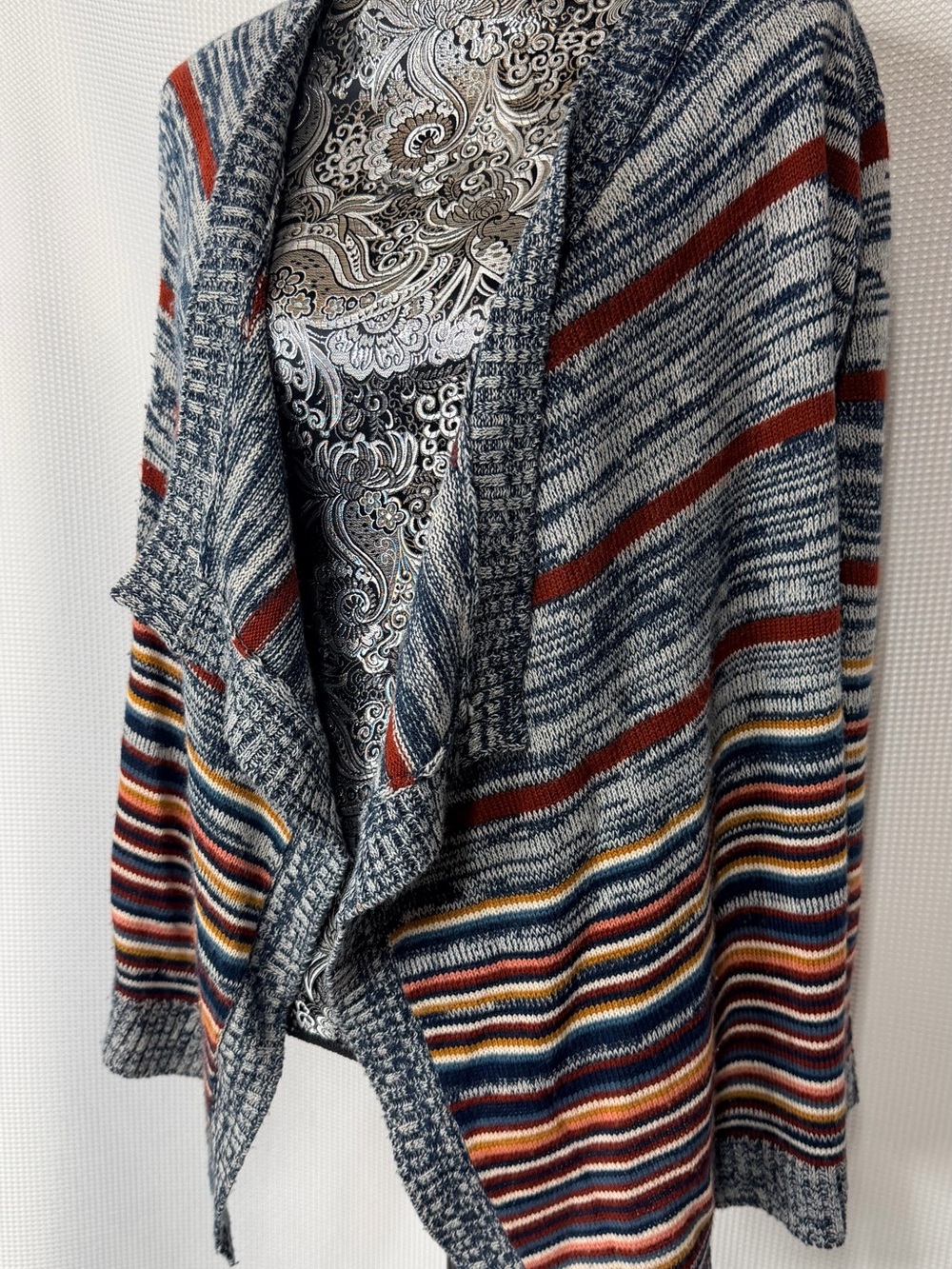 Pink Rose Striped Draped Open-Front Cardigan in Blue, Rust & Multicolor